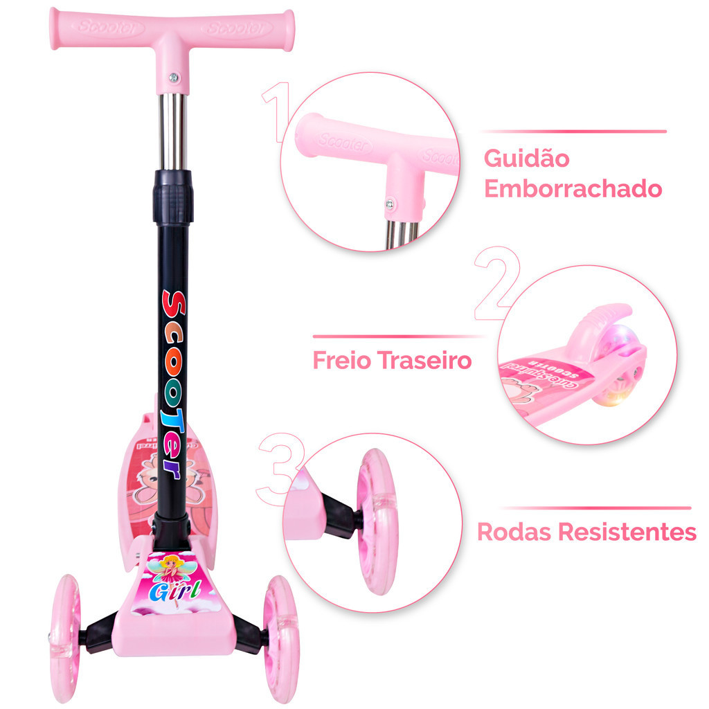 Patinete Infantil 3 Rodas com Luz de LED